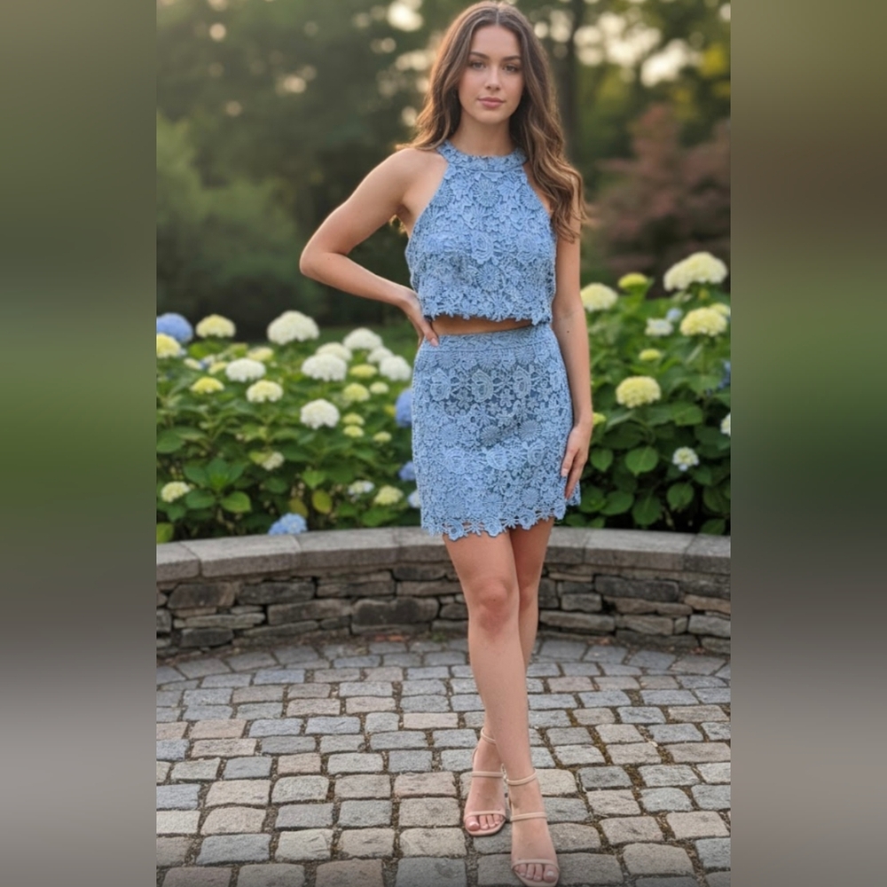 Lulu's 2 - Piece Light Blue Crochet Lace Skirt Set